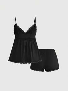ROMWE Conjunto de pijama casual de camiseta de tirantes acanalada y shorts con encaje - Negro - Ver 2