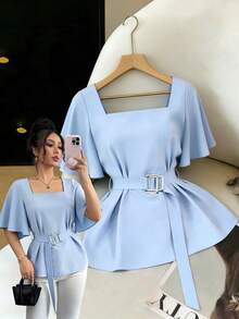 SHEIN Elenzya Women's Square Neck Ruffle Trim Short Sleeve Chiffon Blouse, Tie Waist Slim Fit Commuter Top For Summer - Blue - View 3