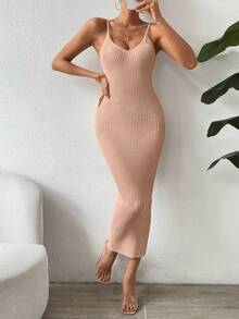 SHEIN Clasi 休闲纯色修身针织吊带连衣裙 - 駝色 - 查看 4