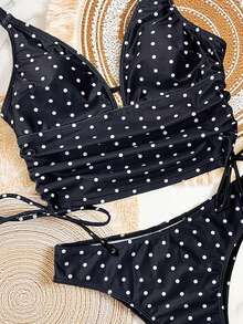 Swim SXY 2件套多色豹纹印花深V吊带褶皱休闲沙滩比基尼泳衣（女款） - 黑與白 - 查看 3