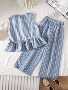 SHEIN Bộ đồ 2 món cho bé gái: Áo dệt kẻ sọc viền bèo nhún + Quần ống rộng - Màu xanh lam - Xem 2