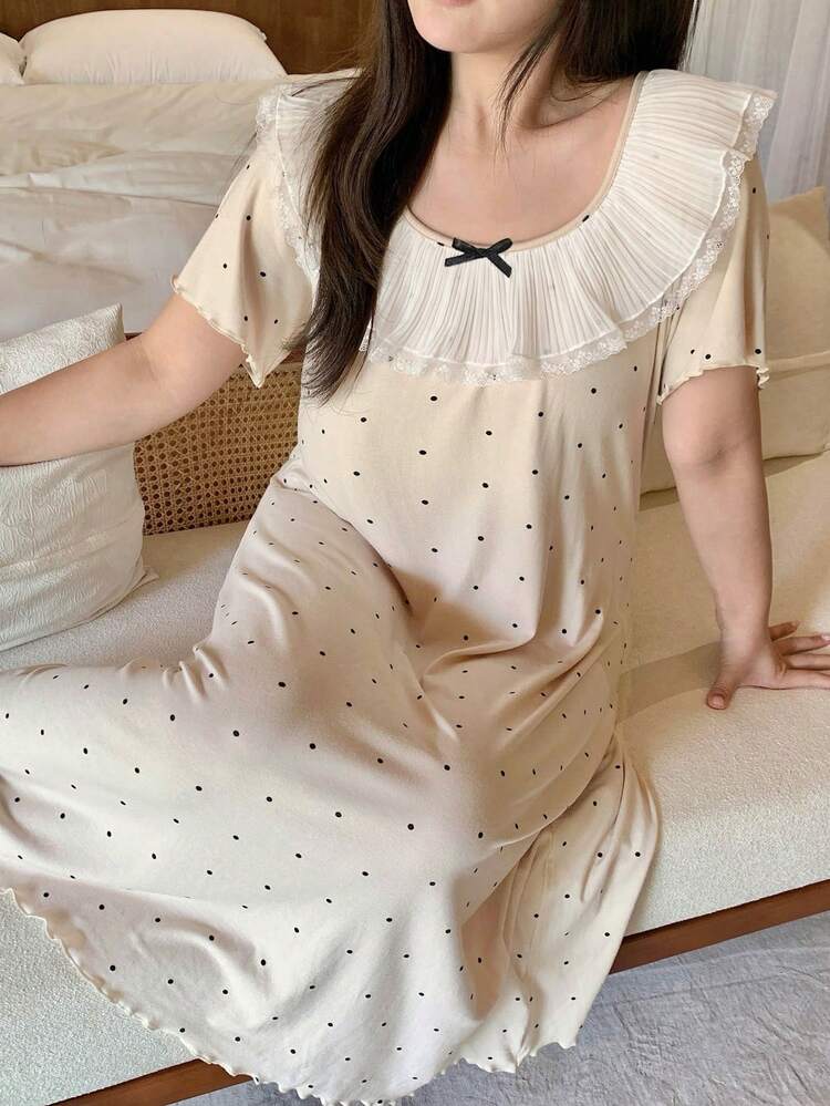Dazy Plus Polka Dot All-Over Print Contrast Trim Splice Nightgown, Elegant Plus Size Women Home Dress For Spring/Summer