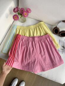 Comfortcana 2 chiếc quần short cỡ lớn màu hồng và xanh lá cây họa tiết dưa hấu, kiểu dáng thường ngày. - Hồng - Xem 6