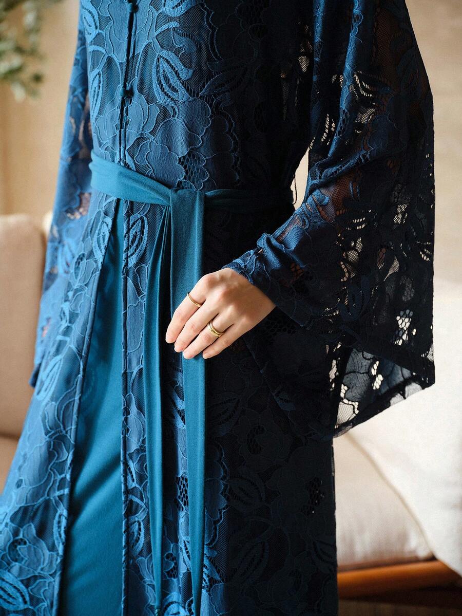 MOTF PREMIUM LACE TASSEL WAIST TIE LONG ROBE, SPRING/SUMMER - Teal Blue - View 2
