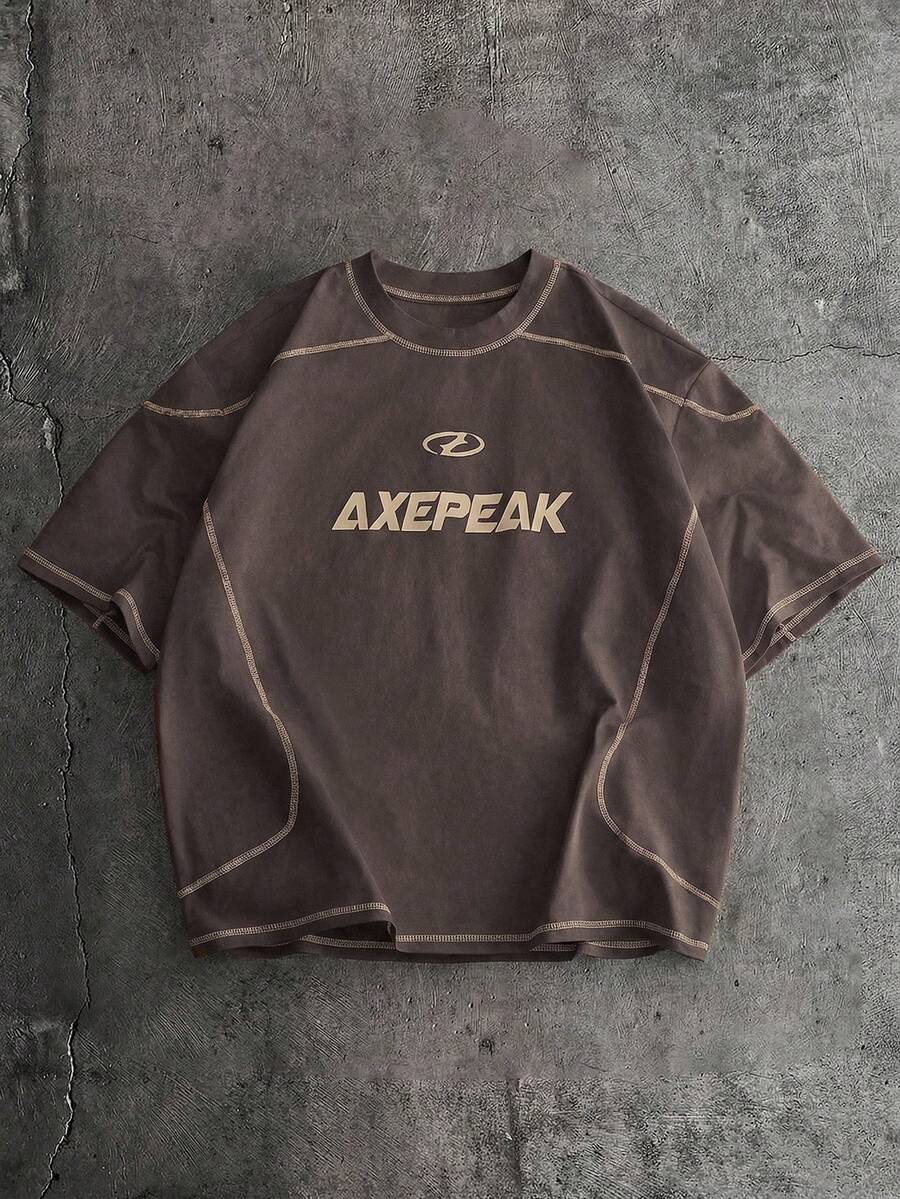 AXEPEAK 男士休闲撞色缝线印花短袖T恤 - 巧克力棕 - 查看 1