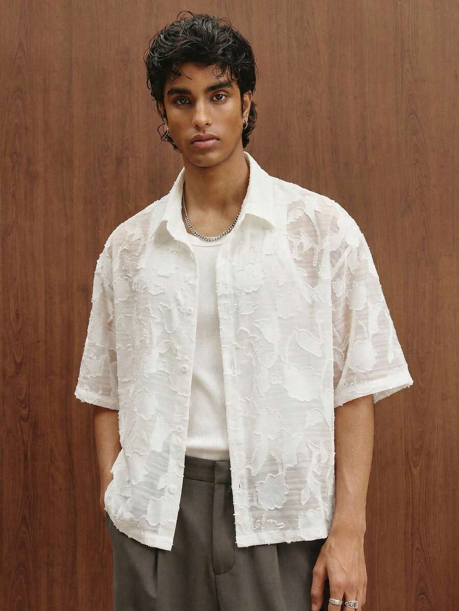 TOKVUE 男士休闲时尚短袖衬衫，花卉提花面料，宽松落肩设计，纽扣前襟，休闲风格，适合从屋顶酒吧到海滩婚礼等各种场合，低调奢华服饰，商务旅行，度假，低调都市绅士风格，美式复古风，日常通勤，周末郊游，户外活动，节日礼物，男友礼物 - 白色 - 查看 1