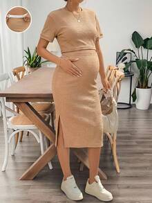 SHEIN 孕妇纯色圆领短袖上衣和开衩裙休闲两件套 - 卡其色 - 查看 5