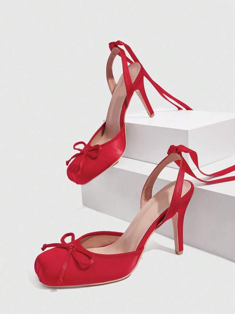 CUCCOO SZL Women's Pointed Toe Wine High Heel Pumps, Hollow Bowknot Lace-Up Backless Cute Sexy Party Lolita Clubwear Spring Shoes