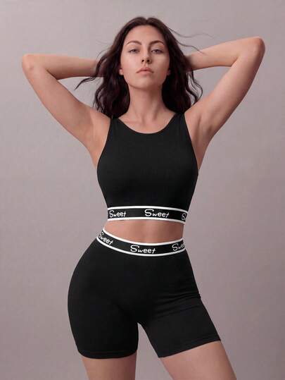 Liftille 2pcs Set Contrast Color Letter Print Casual Sports Comfortable High Elastic Bra Sexy 2 Pieces Setwomen 2 Pieces Set