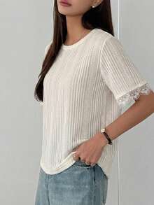 DAZY Women's Summer Round Neck Short Sleeve Lace Patchwork Casual Pullover T-Shirt - White - View 4