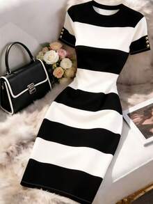 GlowEve Women's Elegant Contrast Color Striped Slim Fit Mid-Length Dress, Summer - Multicolor - View 1