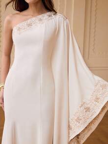 ZEYLAH Women's Elegant Party Floral Embroidered One-Shoulder Arabic Style Dress - Beige - View 2