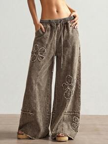 Bohemela Plus Size Patch Pocket Drawstring Waist Casual Wide Leg Pants Fall - Coffee Brown - View 7