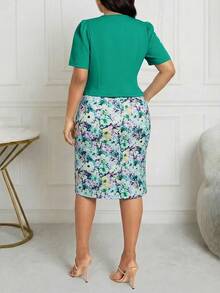 SHEIN Lady 大码优雅派对纯色上衣搭配印花无袖修身连衣裙两件套，商务休闲女装两件套，办公室女装套装，女士优雅西装连衣裙套装，夏季服装 - 綠色 - 查看 2