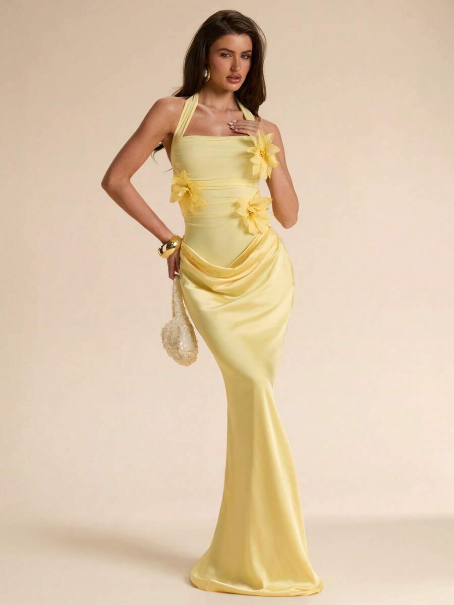 SHEIN BAE Vestido transparente con cuello de halter y drapeado en color amarillo crema con decoración floral, vestido de satén de corte sirena elegante en parches de color rosa elegante, vestido de cóctel mini elegante en color rosa, vestido de satén de verano, vestido elegante, vestido de playa y vacaciones, vestido mini para fiesta de cumpleaños, vestido de invitada de boda, vestido para brunch, vestido amarillo - Amarillo claro - Ver 1
