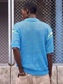 EVRINFINITE Áo polo tay ngắn cổ tròn dáng rộng, kẻ sọc rỗng, unisex, kiểu dáng công sở, lấy cảm hứng từ phong cách châu Âu/châu Á. - Màu xanh lam - Xem 2