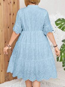 LUNE Vestido bohemio de verano talla grande con escote en V con recortes, bordado y dobladillo de volantes de tul - Celeste - Ver 2