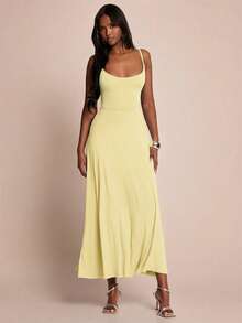 SHEIN BAE Damen blassgelbes elegantes minimalistisches ärmelloses figurbetontes langes Kleid für Sommer Brunch Gartenparty Picknick mit Rüschensaum in einfarbigem Blau Marine Urlaubskleidung - Gelb - Übersicht 4