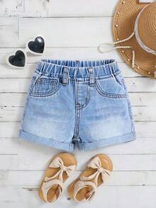 Maija Kids Maija Kids Young Girl Y2K Blue Casual Basic Denim Shorts,Kid Young Girl Spring And Summer Casual Vacation Country Boho Wear, Beach For Kid Young Girl,Western Street Wear For Girl - Light Wash - View 1