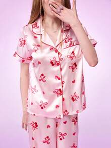 Notgurli Conjunto de pijama de mujer con estampado de cerezas y lazo en el cuello, de seda sintética, para el Día de San Valentín con lazo - Rosa Pálido - Ver 7
