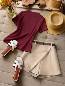 Franclia Bộ đồ nữ thanh lịch và giản dị gồm áo thun cổ cao tay ngắn màu trắng phối quần culottes ngắn dáng rộng màu kaki kèm thắt lưng, thích hợp mặc hàng ngày, dự tiệc, hẹn hò lãng mạn hoặc đi nghỉ mát. - Màu Đỏ Sâu - Xem 4
