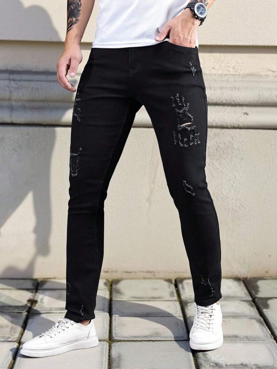 EGENSIO 男士休闲做旧口袋牛仔裤，日常百搭 - 黑色 - 查看 1