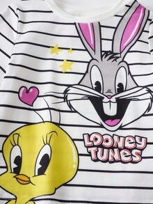 LOONEY TUNES X SHEIN 女婴夏季休闲条纹卡通印花圆领短袖T恤和喇叭裤套装 - 彩色 - 查看 5