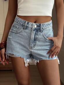 DAZY Women's Summer Frayed Hem Casual Denim Shorts - Light Wash - View 1