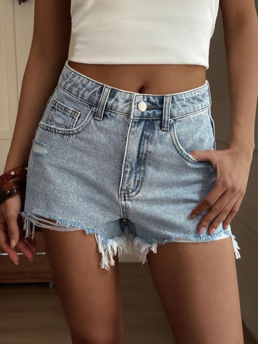DAZY Women's Summer Frayed Hem Casual Denim Shorts - Light Wash - View 1
