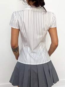 K-Vae 女士休闲通勤条纹修身短袖衬衫 - 彩色 - 查看 2