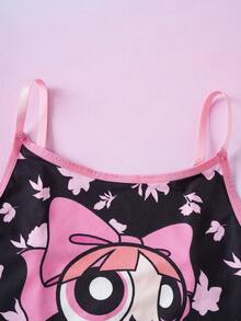 THE POWERPUFF GIRLS X SHEIN Bộ đồ ngủ và đồ mặc nhà 2 món in hình hoạt hình dễ thương dành cho nữ, gồm áo hai dây và quần lót, kiểu dáng nữ tính. - màu đen - Xem 3