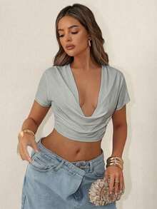 Sirith New Deep V-Neck Crop Top, Sexy Revealing Design - Grey - View 5