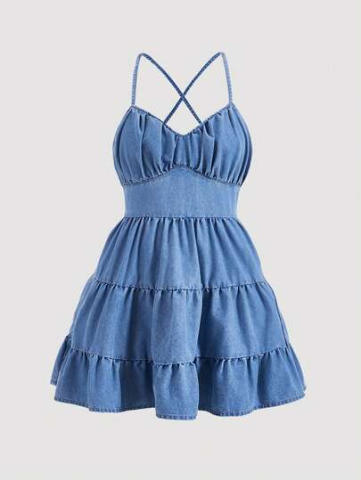 Rivivi 大码女式荷叶边吊带牛仔连衣裙