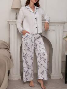 DAZY Women's Spring/Autumn Contrast Piping Long Sleeve Shirt And Floral Print Pants Pajama Set - Blue - View 3