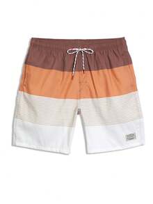 CoralVoy Pantalones cortos de playa para hombre con cintura de cordón y rayas de color contrastante, vacaciones de verano, vacaciones - Marrón - Ver 3