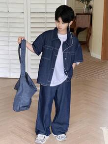 DAZY Tween Boy Front Button Short Sleeve Top And Denim Pants Set Summer - Blue - View 3