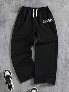 SHEIN Coolqubz 男士及青少年男孩时尚黑色柔软舒适休闲裤，适合户外、运动、上学及各种场合，白色抽绳腰带设计，是年轻男士的必备长裤。 - 黑色 - 查看 3