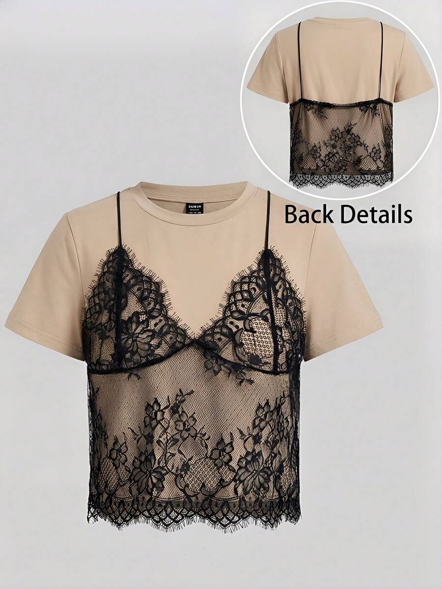 SHEIN Tall CURVE Áo thun tay ngắn cổ tròn phối ren trắng cỡ lớn mùa hè (2 trong 1) - Màu be - Xem 1