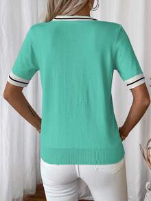 SHEIN LUNE Women's Contrast Trim Short Sleeve Knit Top - Mint Blue - View 2