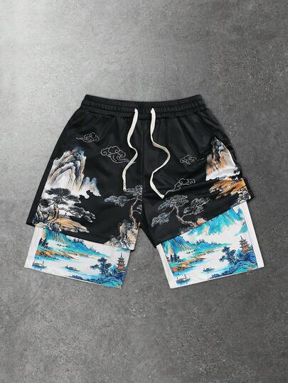 ROMWE MEN Anime Men's Gothic Print 2 In 1 Sports Shorts, Suitable For Everyday Wear In Spring/Summer