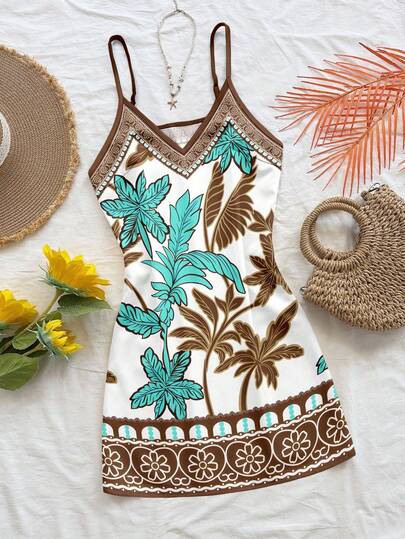 Soleia Đầm đi biển phong cách tối giản, thanh lịch, retro, họa tiết hoa và cây dừa, đầm ngắn không tay thoải mái cho mùa xuân/hè.