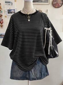 Lalippa Camiseta holgada de manga larga con cuello redondo, de talla grande, con estampado digital a rayas, de estilo minimalista y de moda, como regalo para amigos - Multicolor - Ver 1