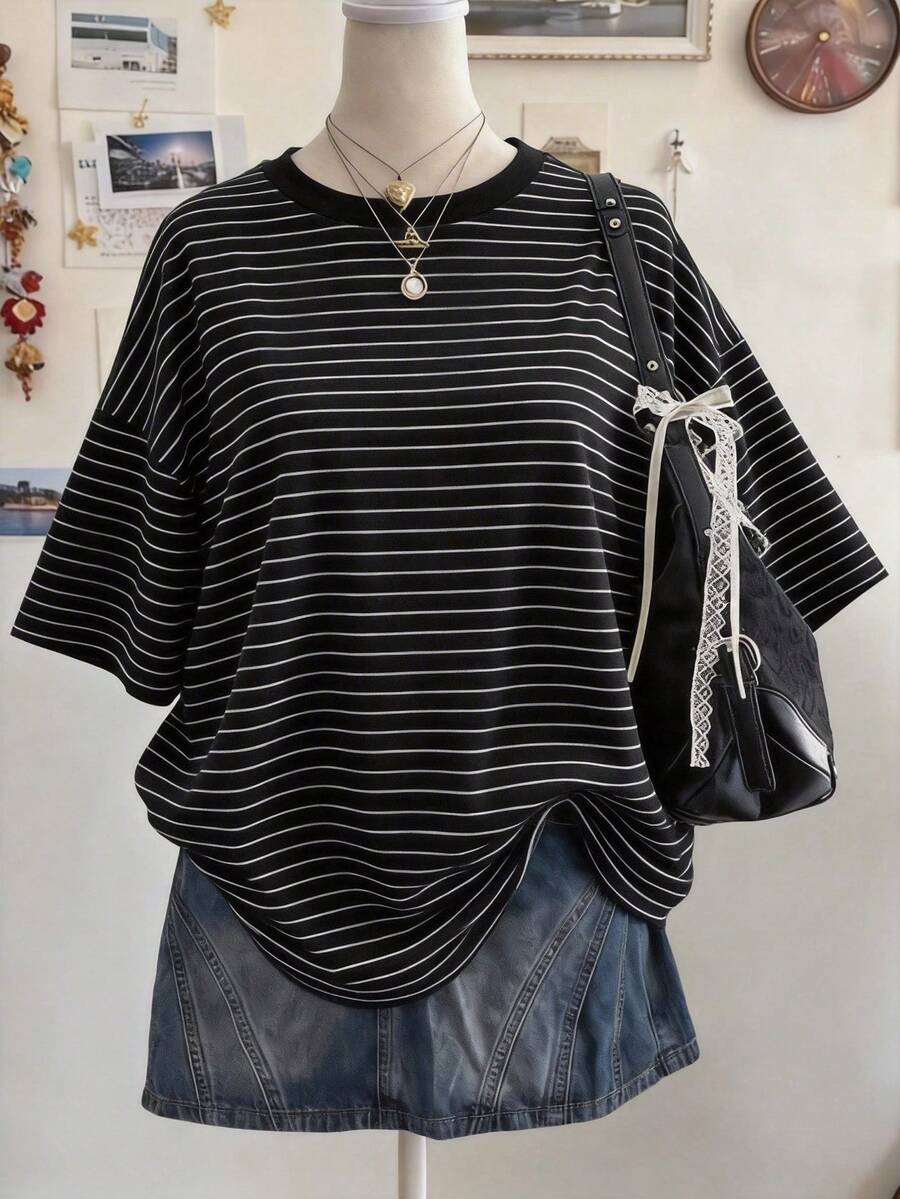 Lalippa Camiseta holgada de manga larga con cuello redondo, de talla grande, con estampado digital a rayas, de estilo minimalista y de moda, como regalo para amigos - Multicolor - Ver 1