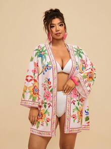 Travachic 加大码女式杏色海洋鱼印花雪纺和服罩衫，宽松中长袖浪漫早春沙滩保暖春季图案衬衫 - 粉色 - 查看 4