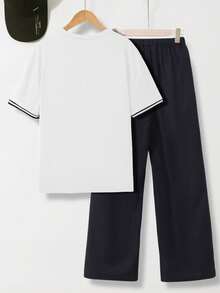 Vacaura 2pcs/Set Teenager (Boys) Grey Short Sleeve T-Shirt Paired With Casual Pants, Versatile Spring/Summer Outfit - White - View 2