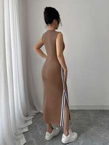 Selianne Round Neck Black & White Ribbon Dress With Side Slit For Women - Brown - View 2