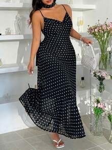 GalTyme Plus Size Black Polka Dot Spaghetti Strap Dress, Summer - Black - View 2