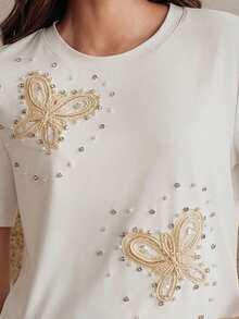Anewsta Solid Color Minimalist Beaded Butterfly Rhinestone Decor Round Neck Short Sleeve Women's T-Shirt - White - View 3