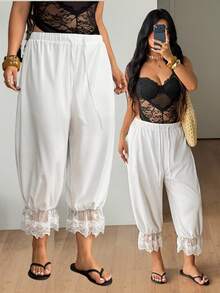 Coolane Women's Plus Size Fall Winter Vacation Casual Streetwear Boho Outfit Oversize Drawstring Waist White Pants Lace Bloomers - White - View 4