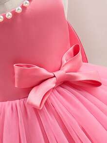 SHEIN Glamorique Kids 圣诞公主女童礼服，薄纱蓬蓬裙，适合花童、婚礼、派对，粉色；白色串珠V领露背大蝴蝶结公主裙 - 粉色 - 查看 3